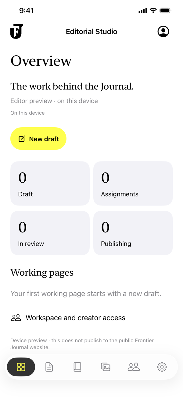The actual Editorial Studio in Frontier Journal on iPhone: Overview, New draft, workspace activity, and six footer tabs.